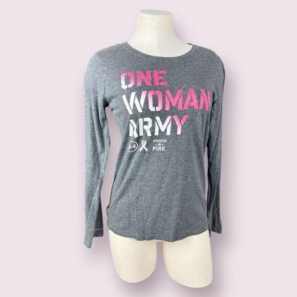 One Woman Army Breast Cancer Fighter Long Sleeve Grey Crewneck Tee | Medium - Picture 1 of 3